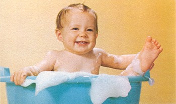 Featured is a photo of a postcard of a baby taking a bubble bath.  Photographer unknown.  The original card - an adorable image - is for sale in The unltd.com Store.